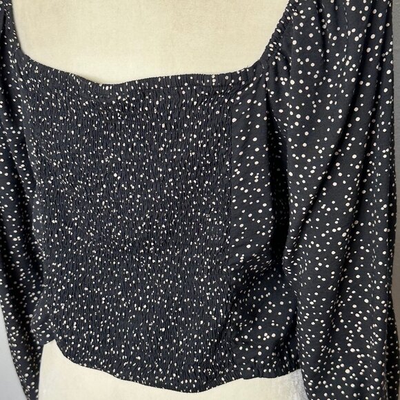A New Day Smocked Crop Top XL Polka Dot Ruched Puff Statement Long Sleeve Black - Picture 6 of 11